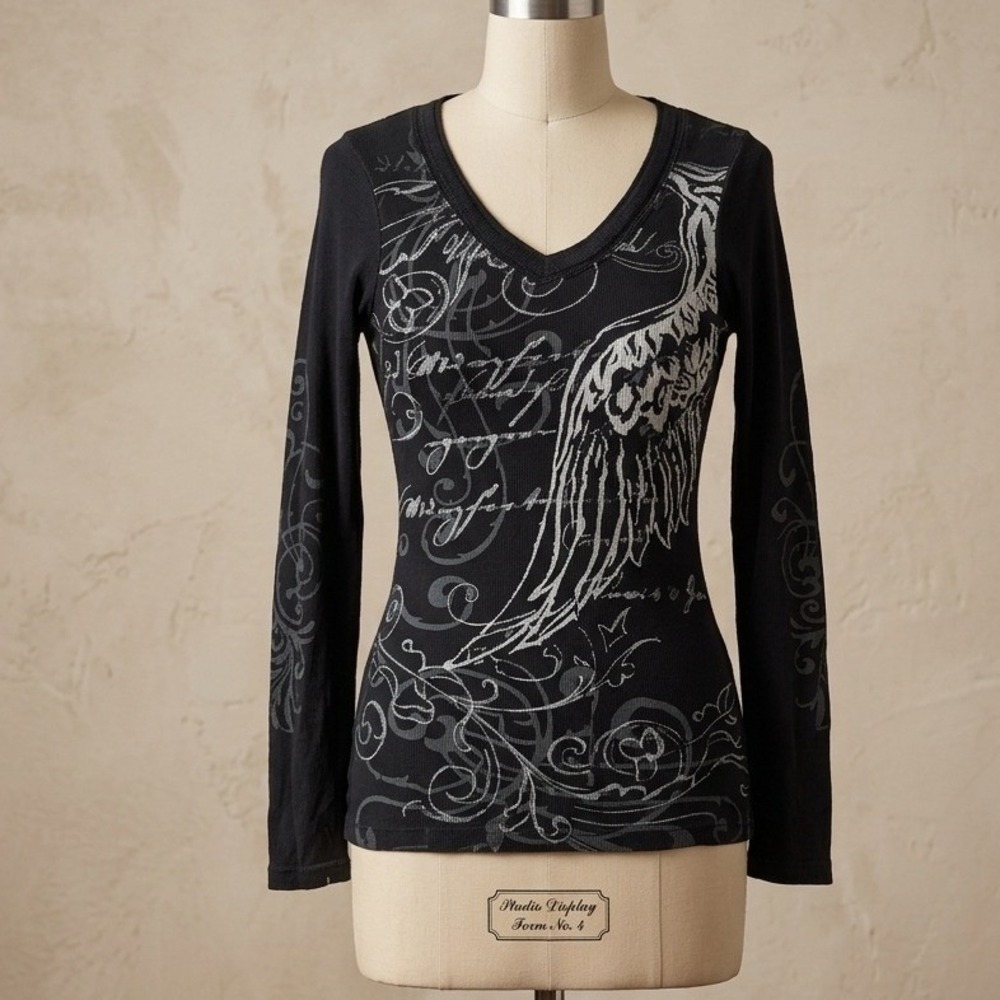 Mudd Vintage Y2K Angel Wing Ribbed Long Sleeve V-Neck Top Black M Grunge Goth